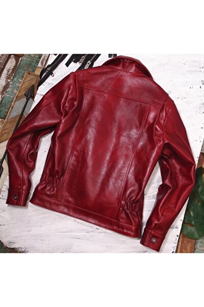 NYC GİYİM TEKSTİL Vintage ceket tarzı şarap kırmızı renk hakiki deri mont