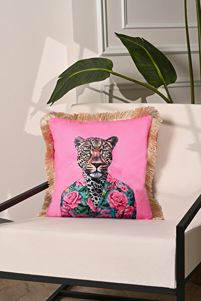 decofav Husă de pernă decorativă cu franjuri din catifea roz cu model leopard...
