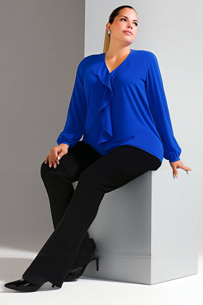 Hanezza Şık Volan Detaylı Büyük Beden Abiye Bluz - Koyu Mavi