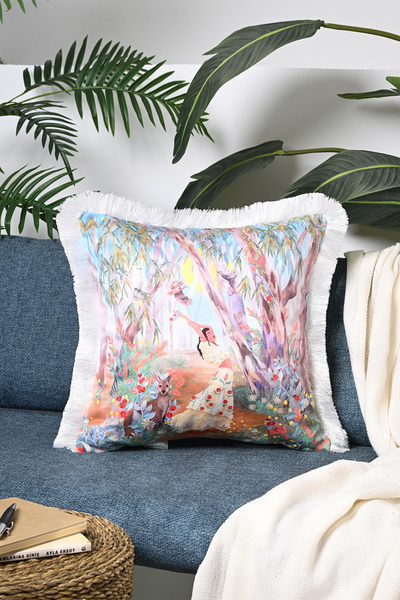 DECO Women's Patterned Digital Printed Velvet Throw Pillow - Fringed Water Color Dancing in the Forest