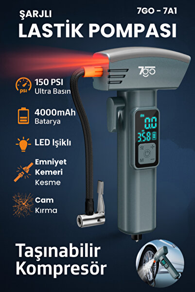 7GO 7A1 Hava Pompası | 150 PSI Ultra Basınç | 4000mAh Batarya | LED Işıklı & LCD Ekranlı Taşınabilir