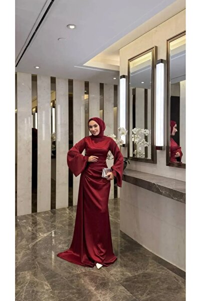 modadeywearst Drape Detaylı Kuyruklu Saten Tesettür Abiye
