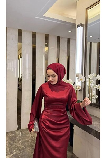 modadeywearst Drape Detaylı Kuyruklu Saten Tesettür Abiye