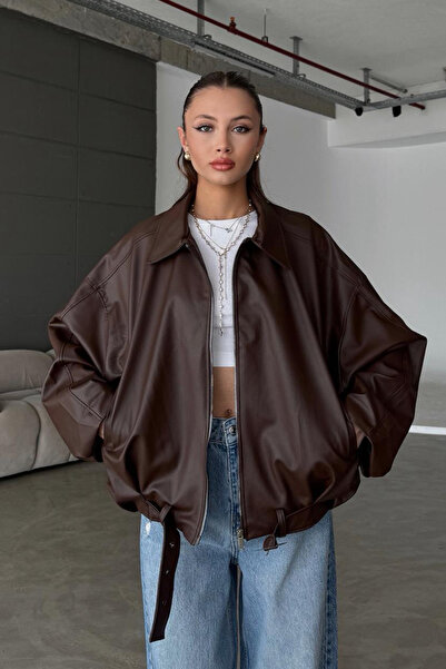 MANMARK Kadın Oversize Deri Ceket– Oversize Relax Fit, Fermuarlı Kemer Detaylı Günlük Kadın Ceket