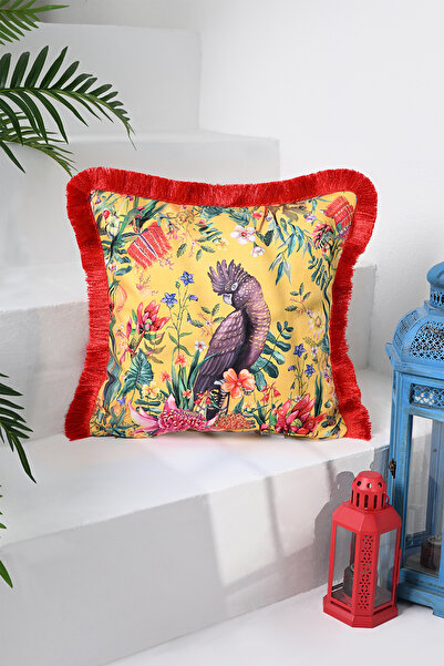 DECO Sarı Zemin Tropikal Desenli Kırmızı Saçaklı Kadife Kumaş Dijital Baskılı Kırlent Kılıfı