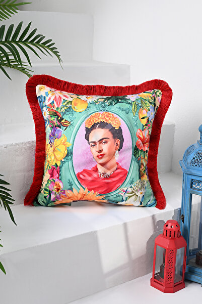 DECO Meksikalı Kadın Portreli Topikal Çiçek Desen Dijital Baskılı Kadife Kırlent Kılıfı Kırmızı Saçaklı