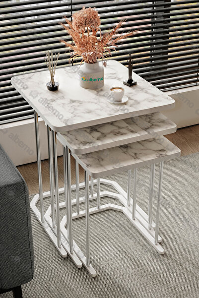 usta mekan Tokyo Gümüş Beyaz Mermer Mdf 3 Lü Kare C Zigon Sehpa