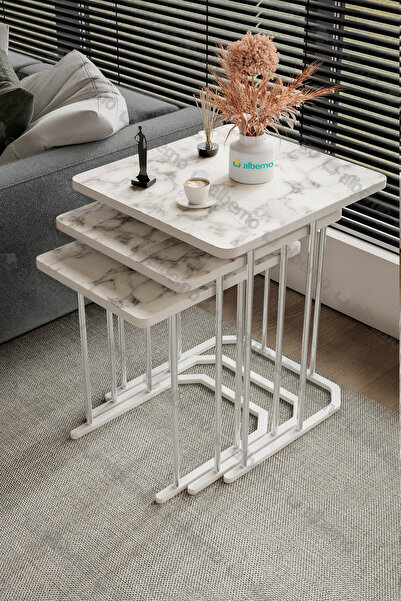 usta mekan Tokyo Gümüş Beyaz Mermer Mdf 3 Lü Kare C Zigon Sehpa