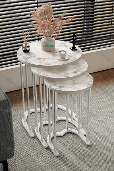 usta mekan Tokyo Gümüş Beyaz Mermer Mdf 3 lü Yuvarlak C Zigon Sehpa