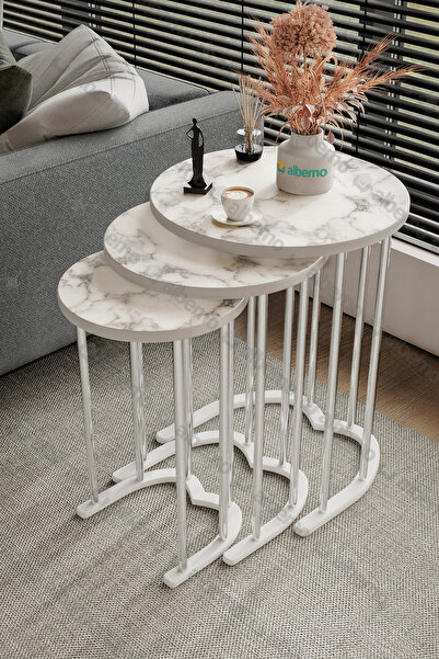 usta mekan Tokyo Gümüş Beyaz Mermer Mdf 3 lü Yuvarlak C Zigon Sehpa