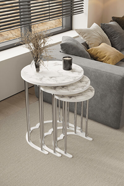 usta mekan Tokyo Gümüş Beyaz Mermer Mdf 3 lü Yuvarlak C Zigon Sehpa