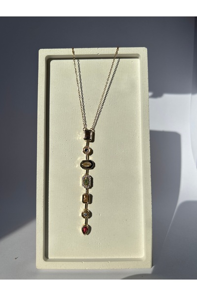 Vink Cu Gold Colored 7 Element Colored Stone Y Necklace Stainless Steel