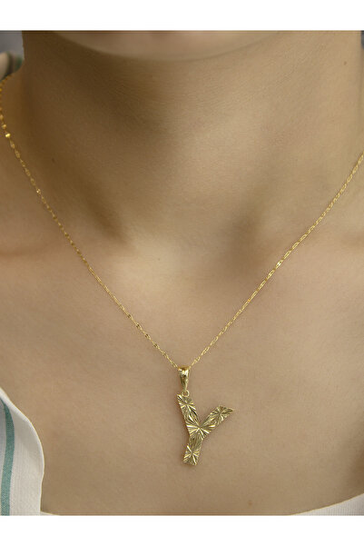 Zeynepli gold & jewelry 14 Ayar Altın Büyük Füzyon Y Harfli Kolye