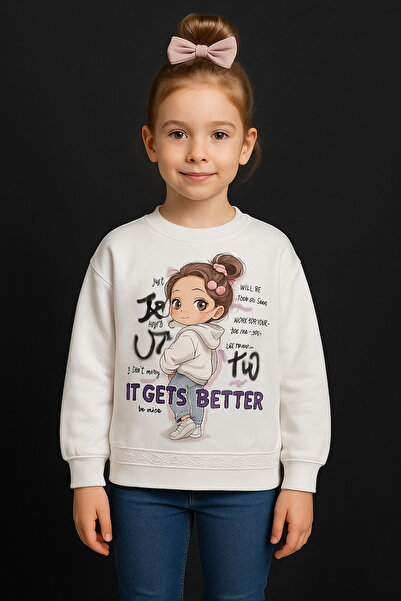 batu tekstil سويت شيرت بناتي مطبوع - وردي