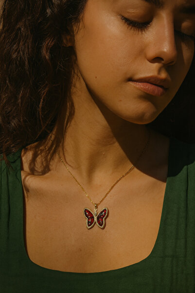 GLOW LUXE Gold Color Red Zircon Stone Butterfly Design Necklace with Steel Chain