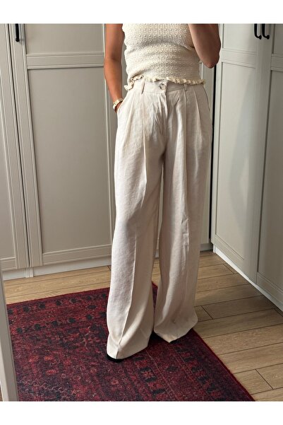Store Yüksek Bel Wide Leg/Geniş Paça Modal Kumaş Dökümlü Bej Renk Pantolon
