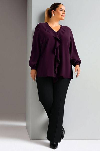 Hanezza Büyük Beden Fırfırlı Jessica Krep Bluz Mürdüm , 50-52