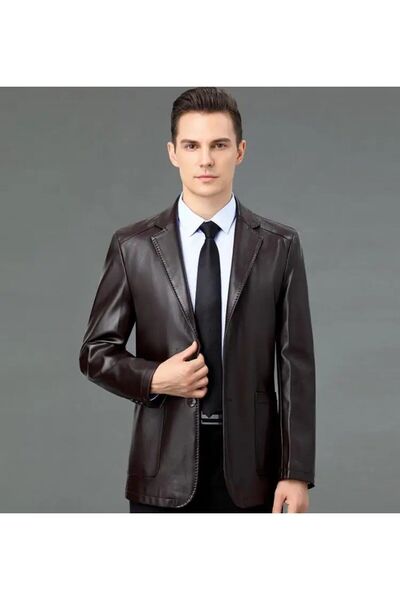 NYC GİYİM TEKSTİL Hakiki deri ince kesit blazer klasik ceket