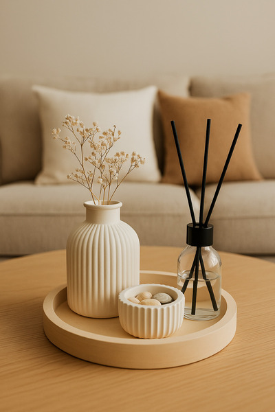 Havalı Tasarım Oda Kokulu Ve Vazolu , Mumluklu Standlı Aksesuar Seti