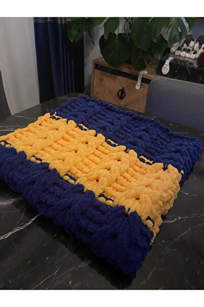 CNSASF Sarı Lacivert Bebek Battaniyesi/İki Renkli Saç Örgüsü Model
