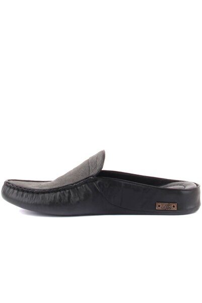 SailLakers - Μαύρες, γκρι δερμάτινες ανδρικές παντόφλες casual 110-547-X