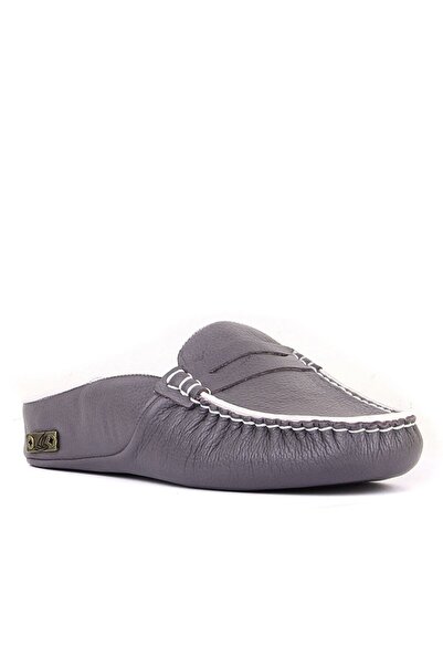 SailLakers - Γκρι δερμάτινες γυναικείες παντόφλες εσωτερικού χώρου 109-557-X