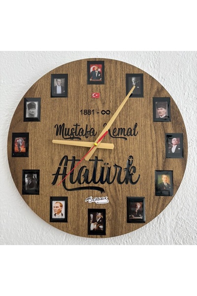 Pelince ساعة حائط بنقشة خشبية - أتاتورك - مطلية بالإيبوكسي الراتنج - 40 سم