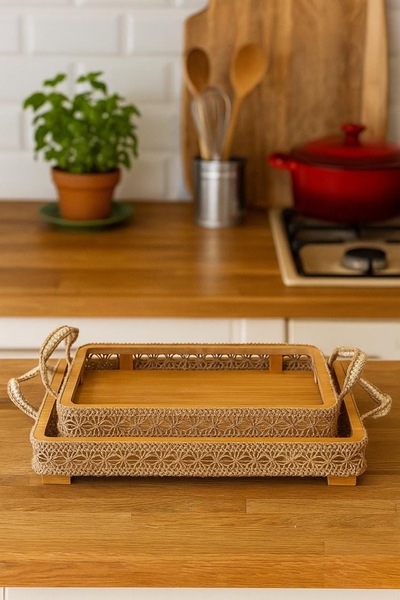 MOSTAFA طقم صواني خشب مستطيل 2حبة وحواف من الخزف ومسكة خزف لتقديم الطعام