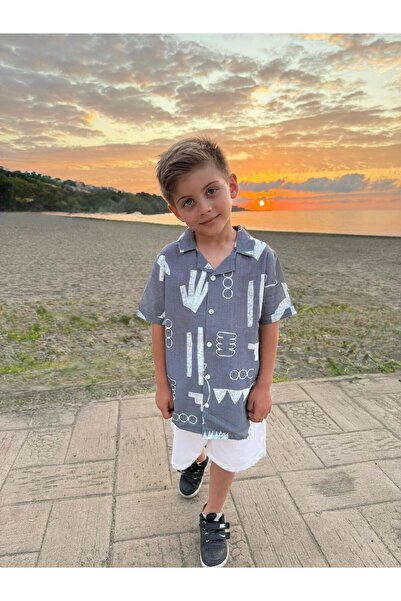 Pollito Boy's Mixed Patterned Shirt Shorts 2 Piece Set