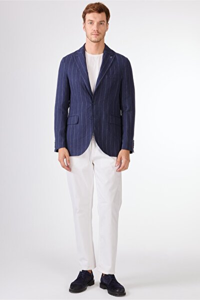 Dufy Lacivert Erkek Regular Fit Çizgili Sivri Yaka Keten Ceket