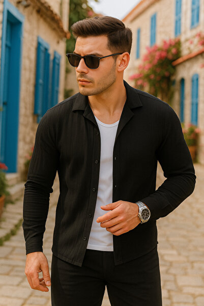 Pobudo Siyah Renk Keten Görünümlü Spor Gömlek