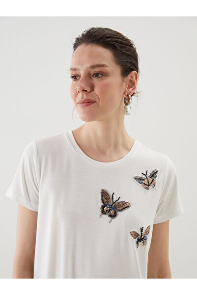 LC Waikiki Crew Neck Butterfly Embroidered Women's T-Shirt (S5)