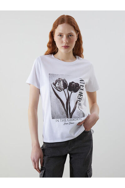 LC Waikiki Νέα σεζόν Crew Neck εμπριμέ χτενισμένο βαμβακερό γυναικείο Tisort ...