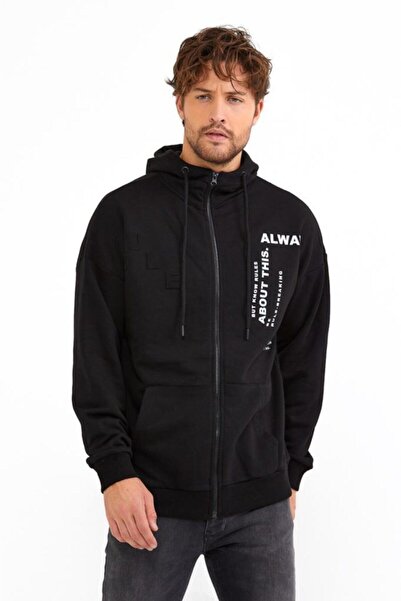 BREEZY Rule Gofre Baskılı Fermuarlı Siyah Sweatshırt, Zip Hoodie