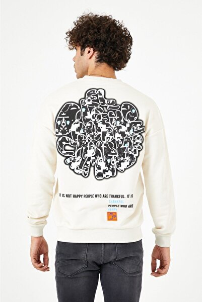 BREEZY Sırtı Kabartma Grafiti Baskılı Oversıze Taş Rengi Sweatshırt