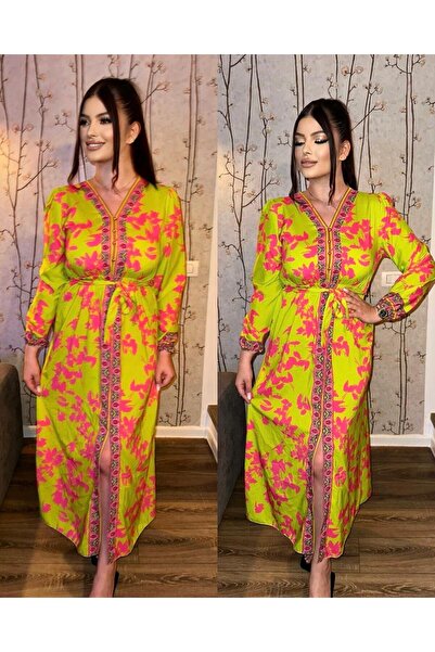 Intisimo Γυναικείο Φόρεμα, Μακρύ, Κορδόνι στη Μέση, Άνοιγμα, Πράσινο/Ροζ