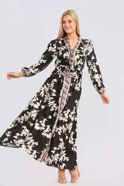 Intisimo Rochie de damă, lungă, talie cu șnur, crăpătură, negru/bej