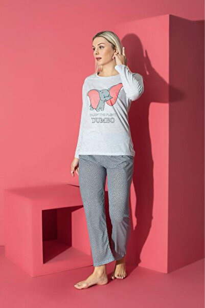 Intisimo Pijamale pentru femei, cu mânecă lungă, Dumbo, bumbac, gri - XXL