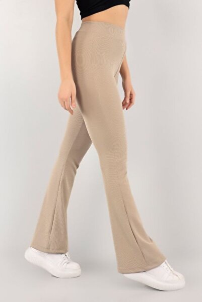 Intisimo Παντελόνι καμπάνα με ριμπ ύφανση, λύκρα, ριγέ, ψηλή μέση, μπεζ - L