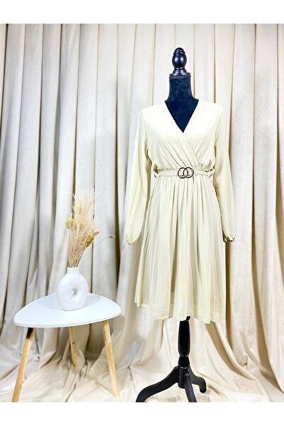 Intisimo Γυναικείο Φόρεμα, Midi, Πλισέ, Κορδόνι στη Μέση, Κρεμ