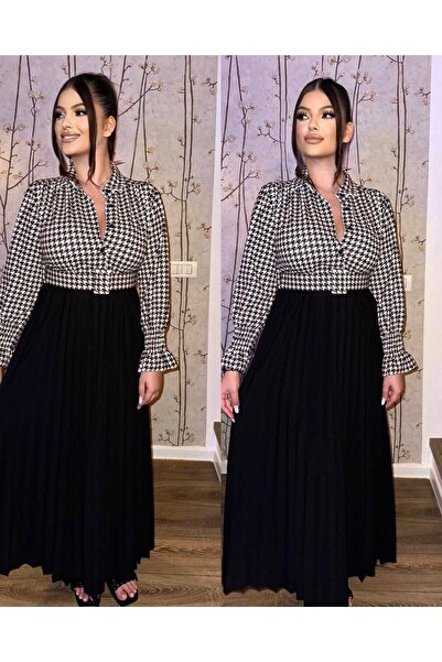 Intisimo Μακρύ Φόρεμα, Πλισέ, Ζώνη Μέσης, Λευκό/Μαύρο