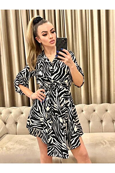 Intisimo Rochie tip cămașă, midi, talie cu șnur, imprimeu zebră, negru/alb