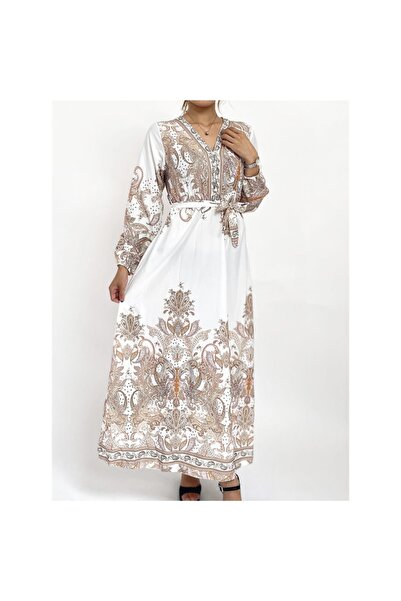 Intisimo Rochie de damă, lungă, talie cu șnur, motive orientale, albă