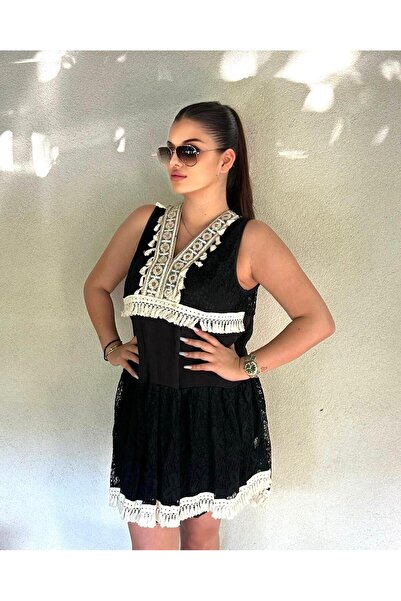 Intisimo Καλοκαιρινό Φόρεμα, Δαντέλα, Μίντι, Μαύρο/Λευκό