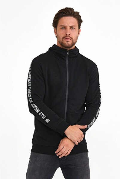 BREEZY Kol Şerit Baskılı Fermuarlı Siyah Kapüşonlu Sweatshirt , Zip Hoodie