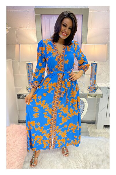 Intisimo Rochie de damă, lungă, talie cu șnur, albastră/portocaliu