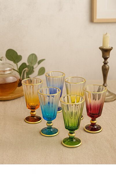 YzHome 6 Kişilik Renkli Yaldızlı Cam Mini Kahve Yanı Bardak Flüt