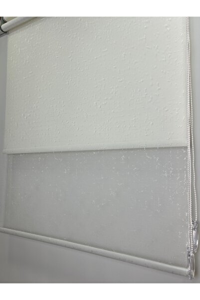 Binbirperde Çift Mekanizmalı Kareli Desen Krem Tül Krem Stor Aluminyum Sistem...