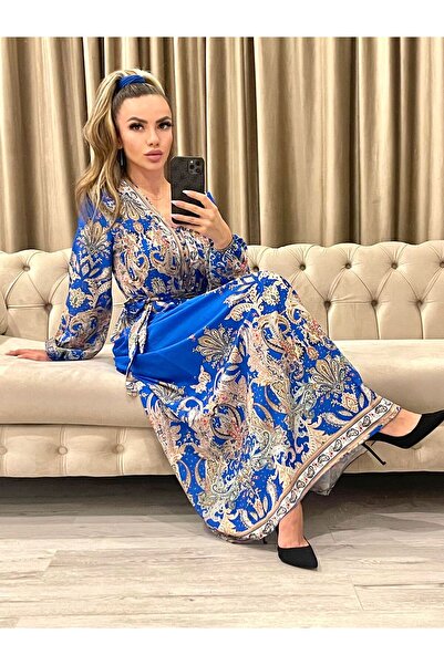 Intisimo Rochie de damă, lungă, cu șnur în talie, motive orientale, albastră