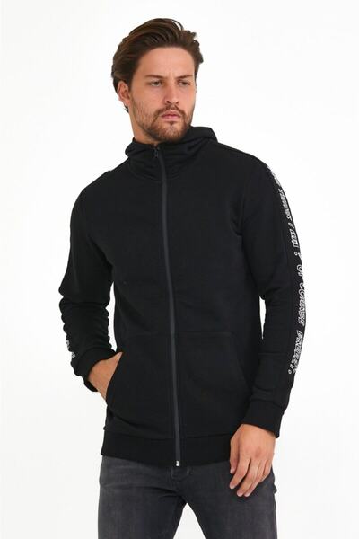 BREEZY Kol Şerit Baskılı Fermuarlı Siyah Kapüşonlu Sweatshirt , Zip Hoodie